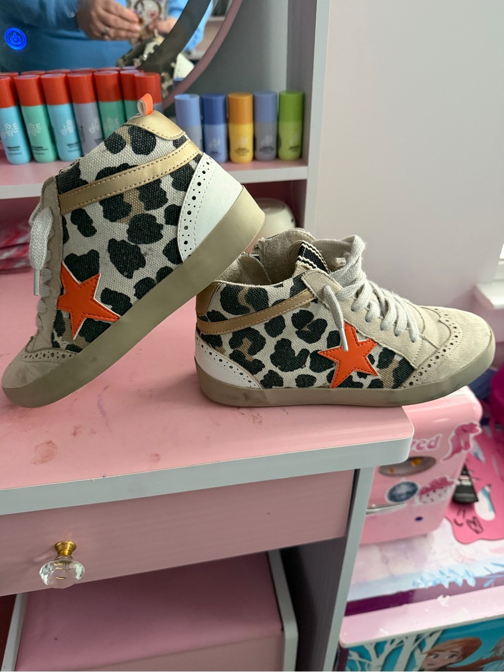 ShuShop Leopard Print High-Top Sneakers with Orange Star Accent
